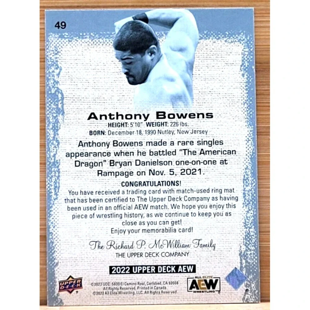 2022 UPPER DECK AEW ANTHONY BOWENS GOLD RELIC‎ ALL ELITE WRESTLING WWE